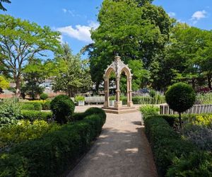 The ornately carved stone Whish Sisters' fountain at the centre of the ornamental Linc garden in Sandford Park. Gravel path and planting amongst box hedging